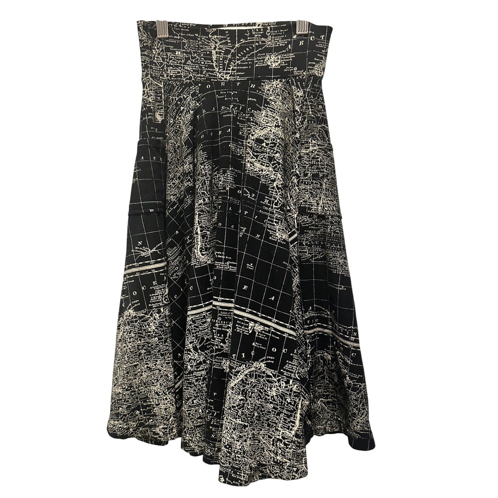 Effie's Heart Skirt Women XS Black Map Print A-Line Midi Pockets Excellent - Picture 2 of 10